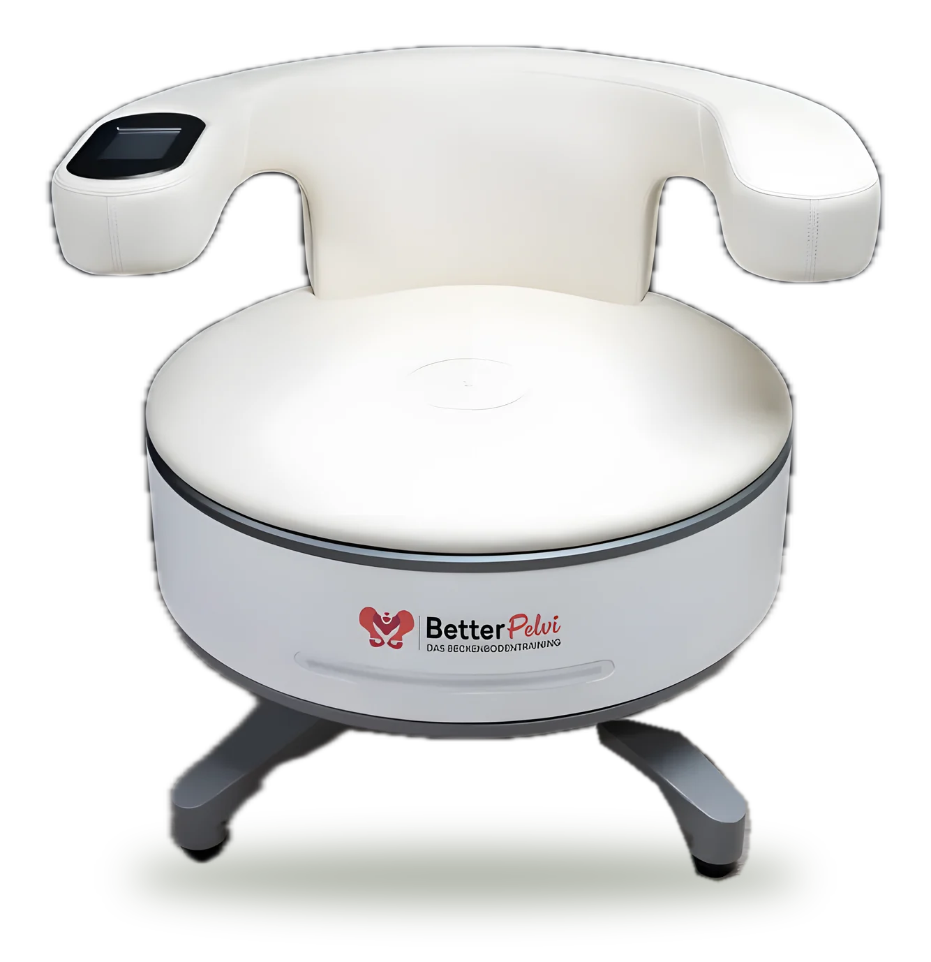 Der helle BetterPelvi-Stuhl mit halbhoher Lehne, wie er in der Praxis Physio Plus steht